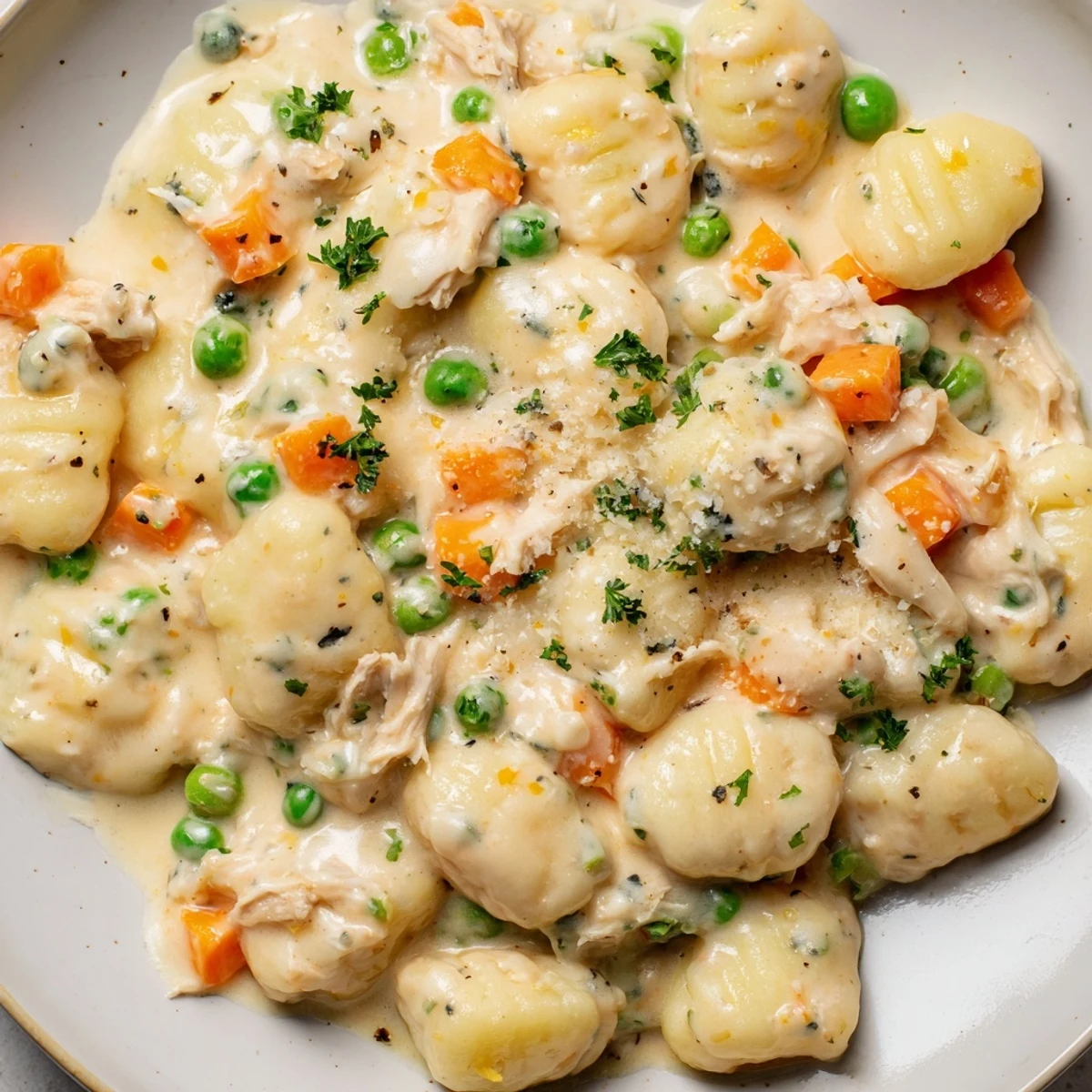Creamy One Pot Gnocchi Chicken Pot Pie topped with fresh parsley garnish