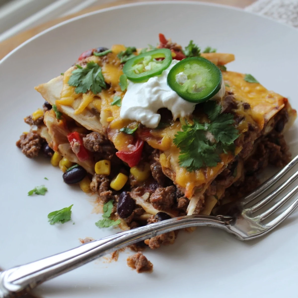 Golden bubbling Mexican lasagna with layers of seasoned beef, beans, and melted cheese.