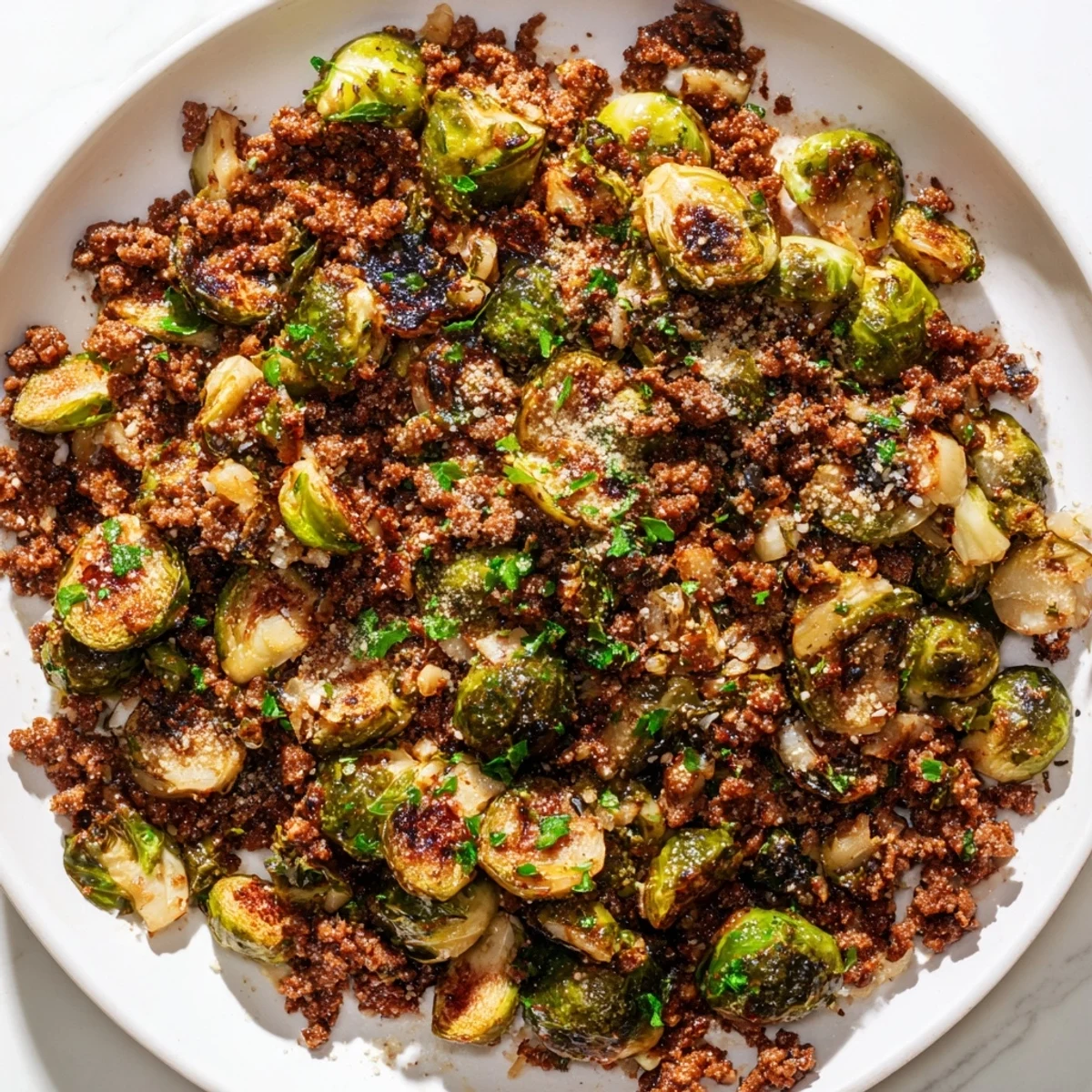 Golden ground beef and Brussels sprouts sizzle in a cast iron skillet with caramelized edges