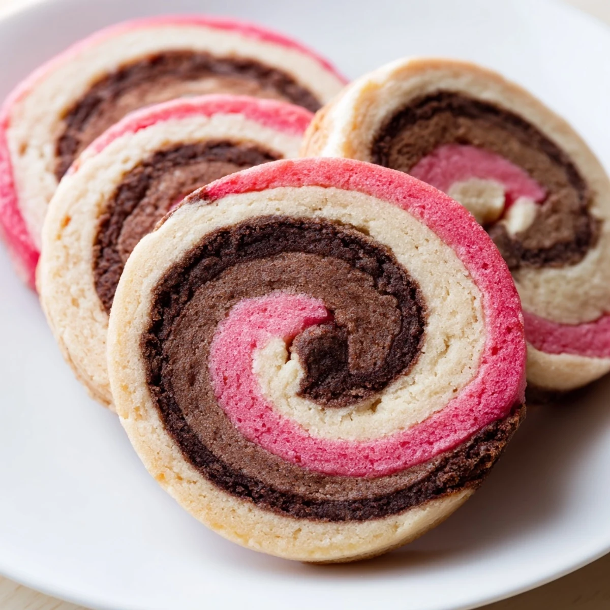 Neapolitan Swirl Cookies showing chocolate, vanilla, and strawberry spirals on a rustic white plate