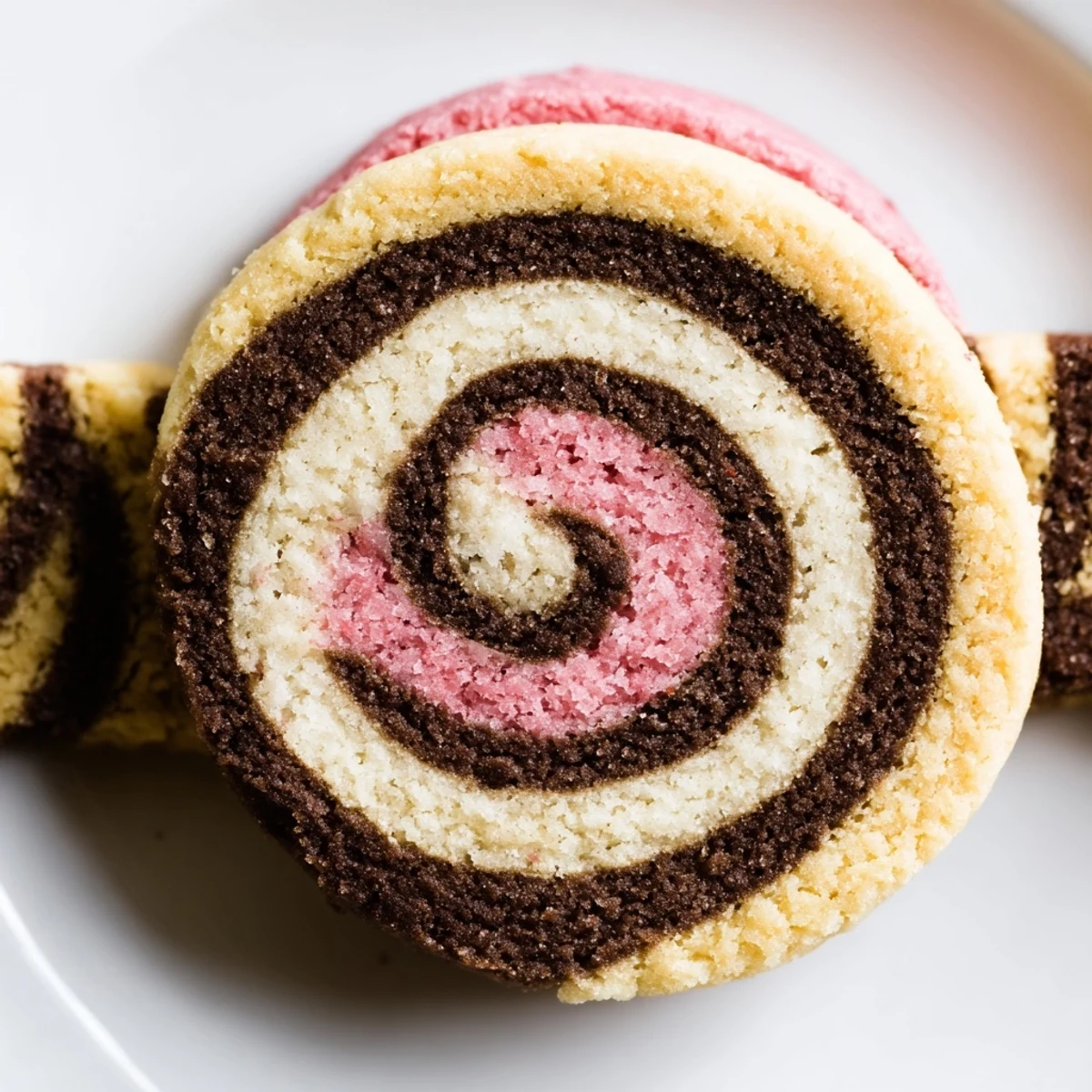 Soft Neapolitan Swirl Cookies with tri-color pinwheel design arranged on a cooling rack
