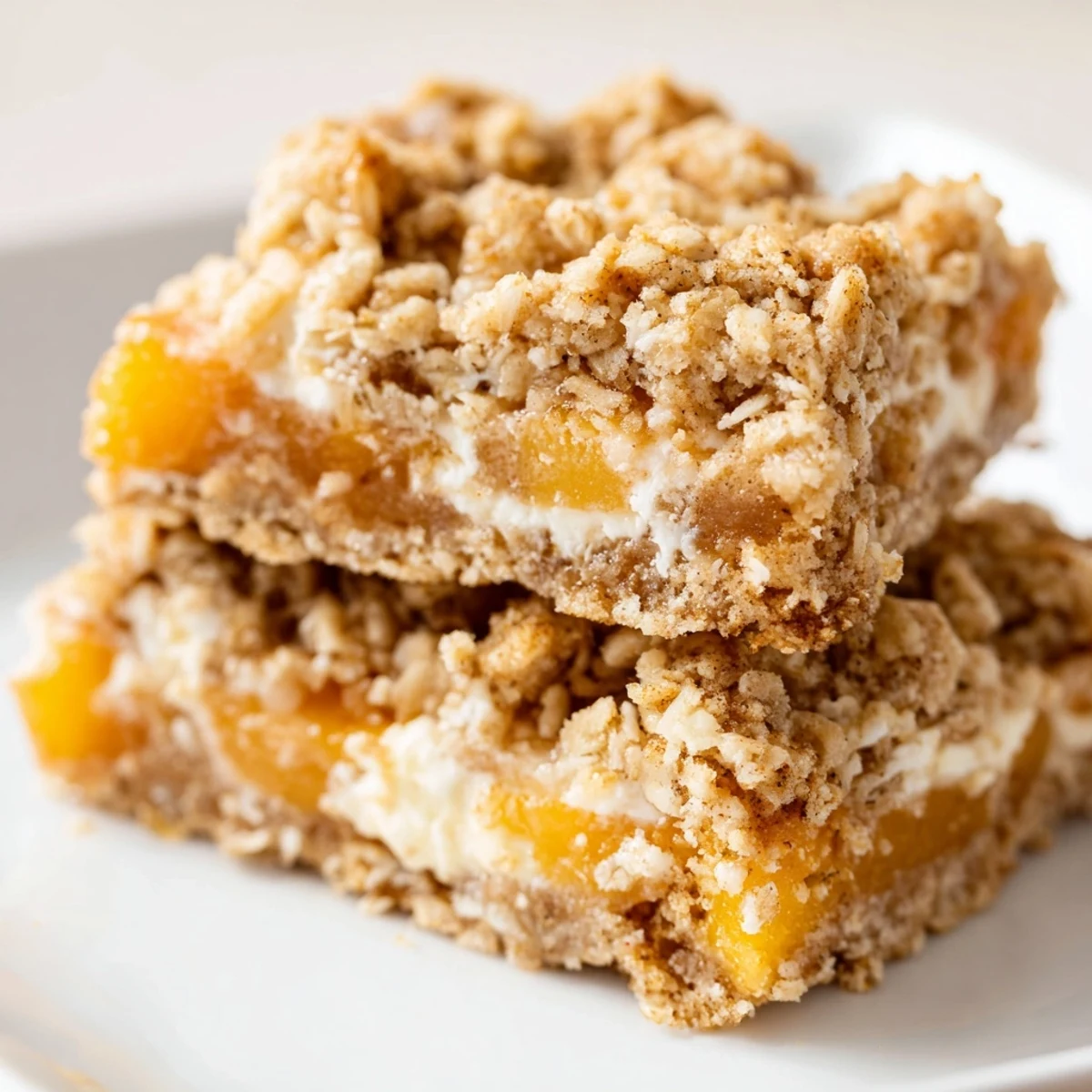 Golden Peaches and Cream Crumble Bars with buttery oat topping on a rustic white plate