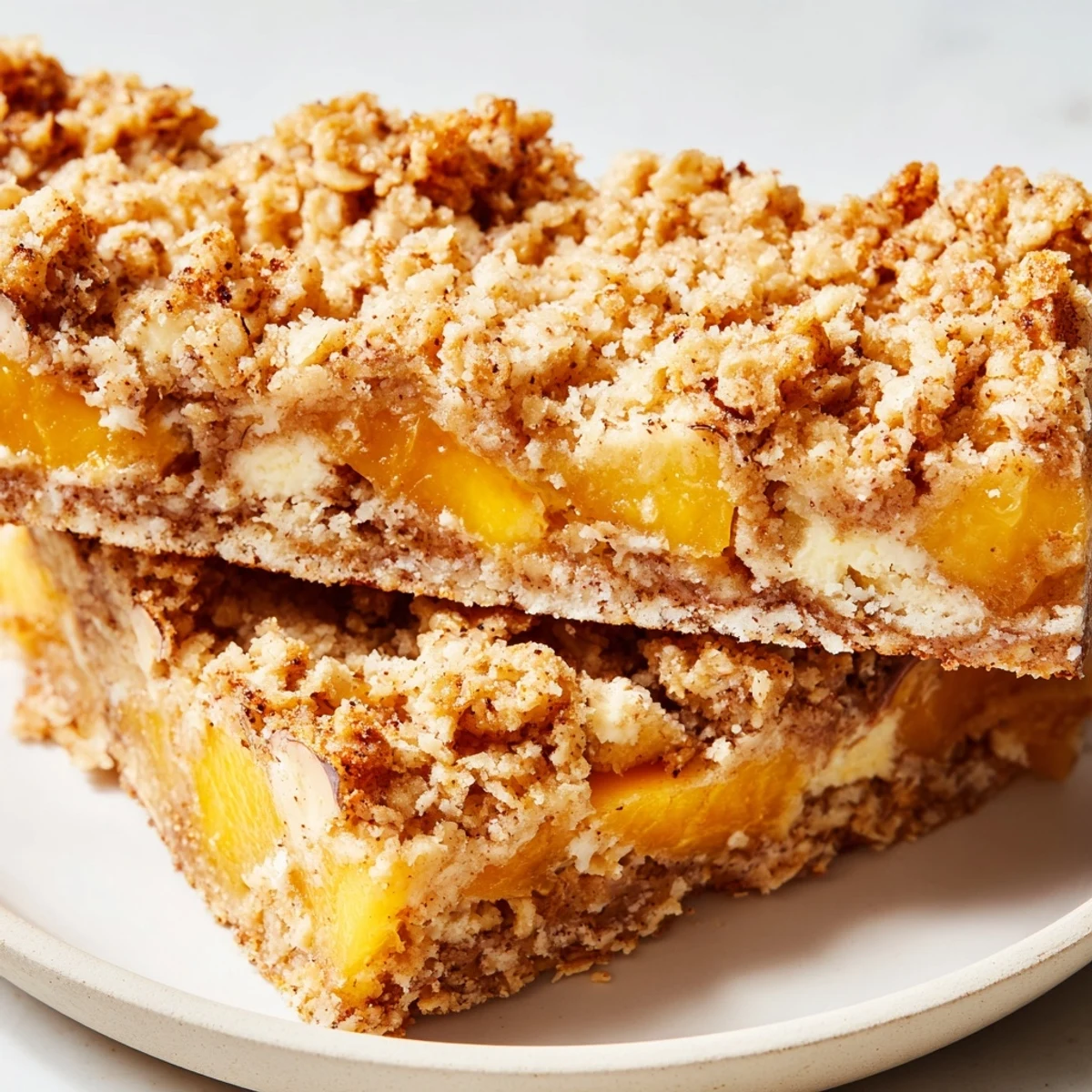 Creamy peach-filled dessert bars with golden crumble topping cut into perfect square slices