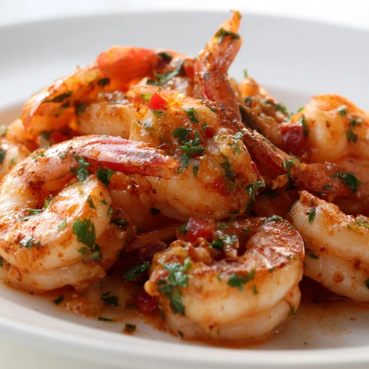 Sizzling garlic paprika shrimp skillet with pink curled shrimp in smoky red pepper sauce