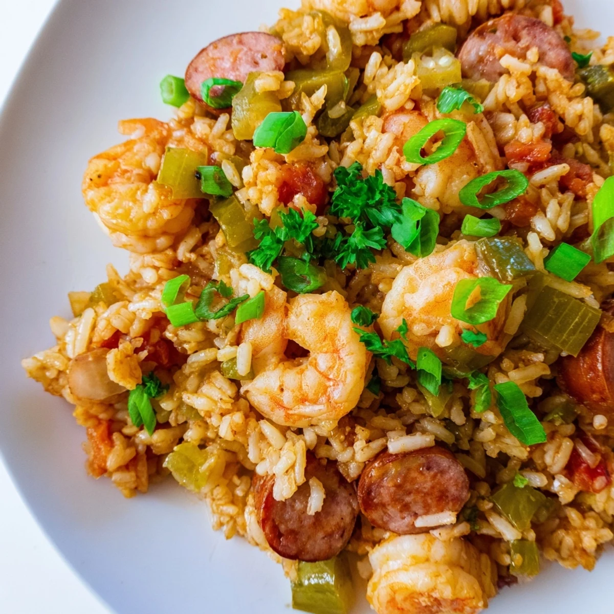 Golden shrimp and sausage dirty rice served in a cast iron skillet with fresh parsley garnish
