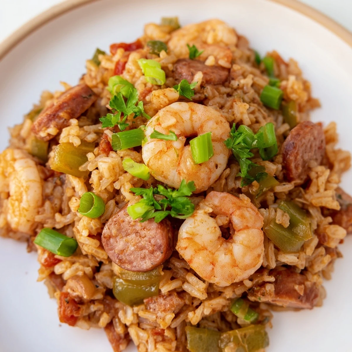 Spicy shrimp and sausage dirty rice with tender vegetables in a rustic Dutch oven pan