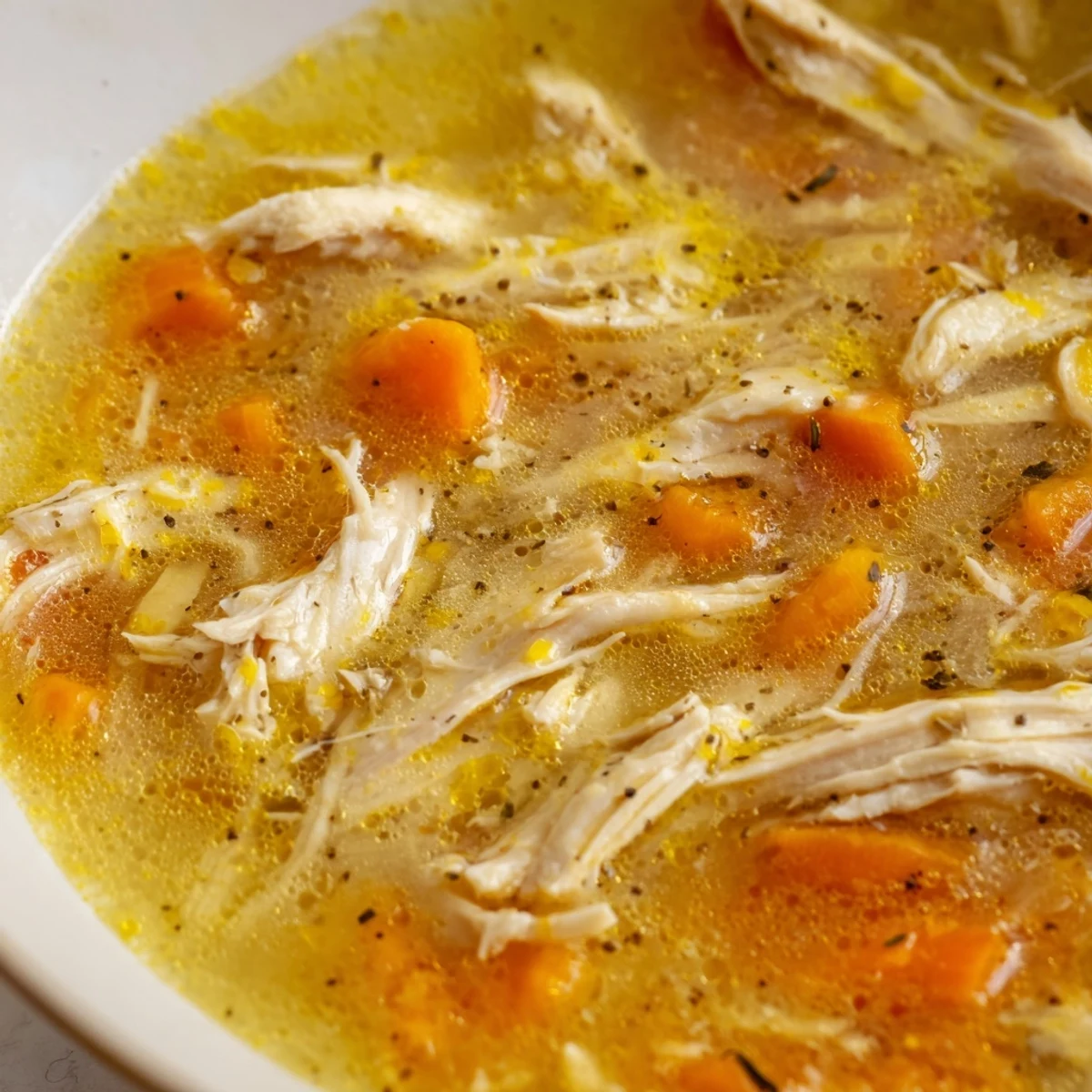 Steaming bowl of Crockpot Lemon Chicken Soup with shredded meat and bright vegetables