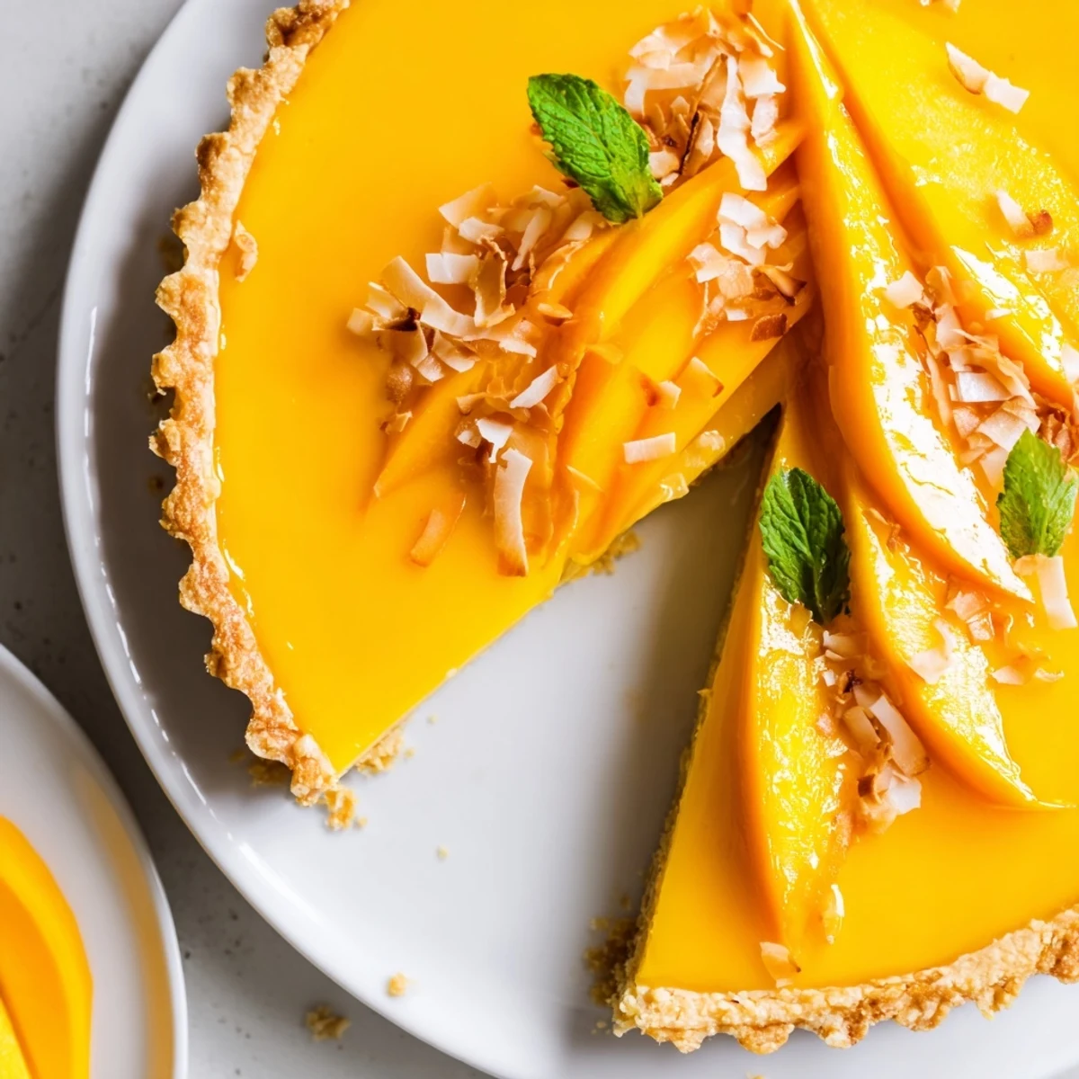 Glossy mango curd tart sliced into neat wedges on a white ceramic plate