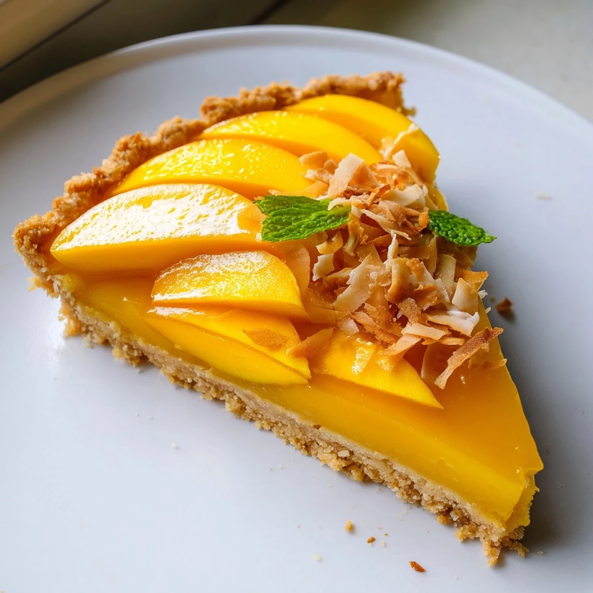 Silky golden mango curd tart crowned with fresh mango slices and toasted coconut flakes