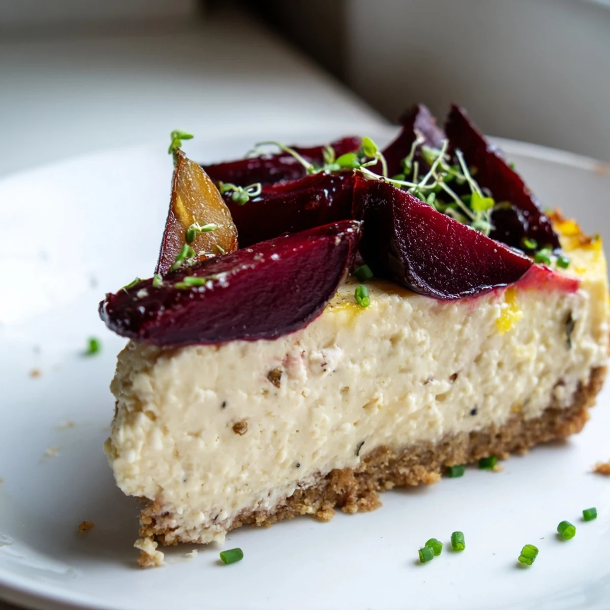 Creamy savory cheesecake topped with caramelized roasted beetroot wedges and fresh herbs