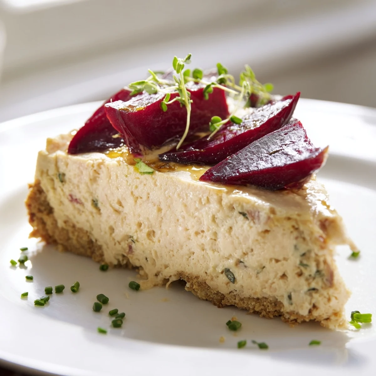 Sliced savory cheesecake with roasted beetroot garnished with chives on a rustic plate