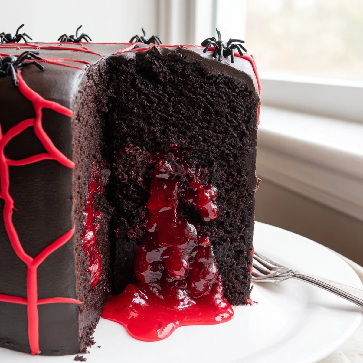Dark chocolate Black Widow Cake with glossy black ganache and eerie red spider veins