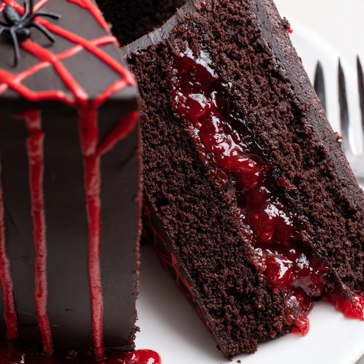 Black Widow Cake sliced open revealing a deep red cherry compote center