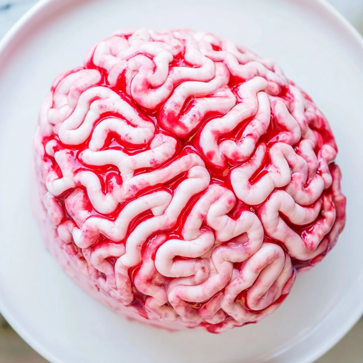Creepy no bake strawberry cheesecake brain with pink chocolate folds and red coulis drizzle on a dark plate