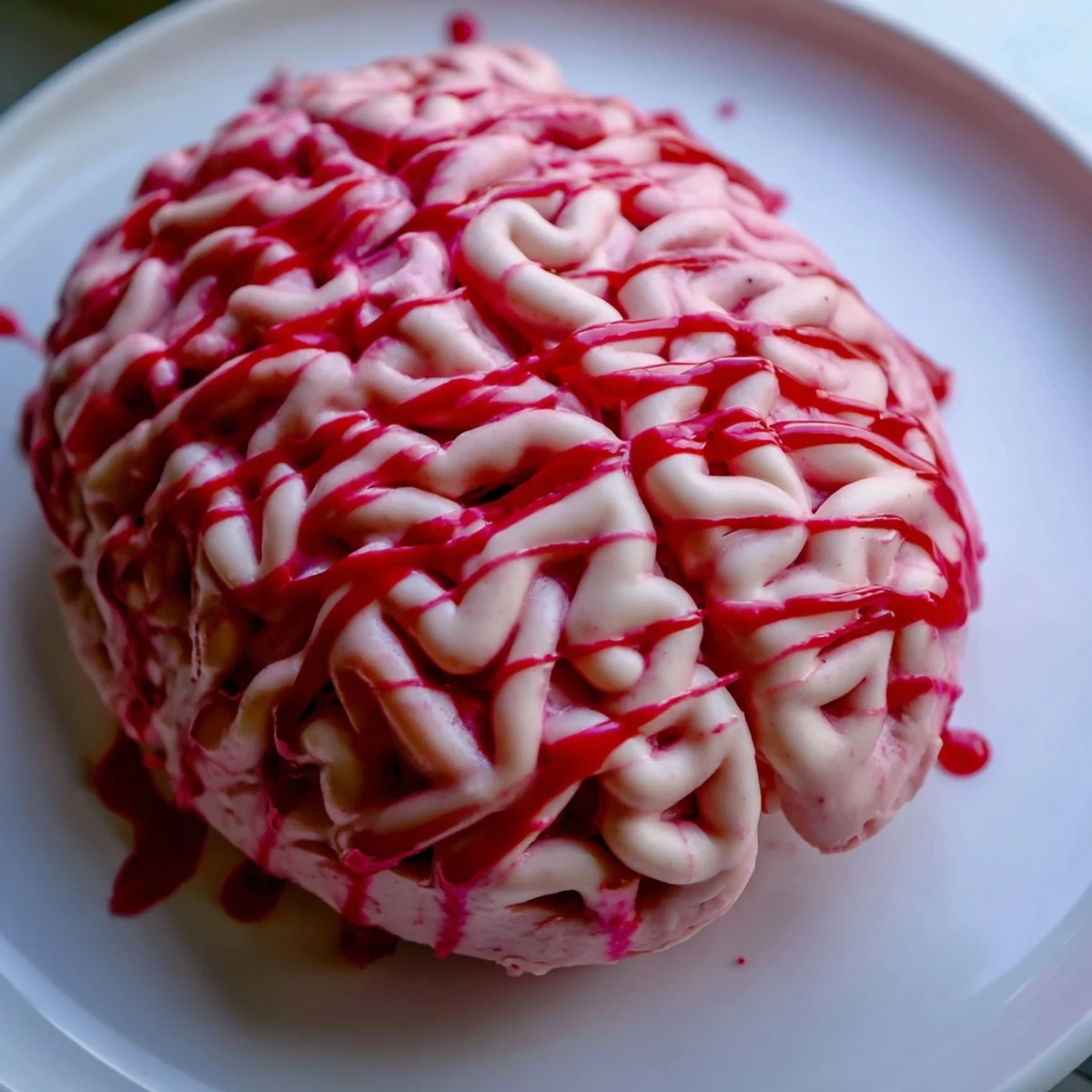 No bake strawberry cheesecake brain sliced to reveal creamy pink strawberry filling and graham cracker crust