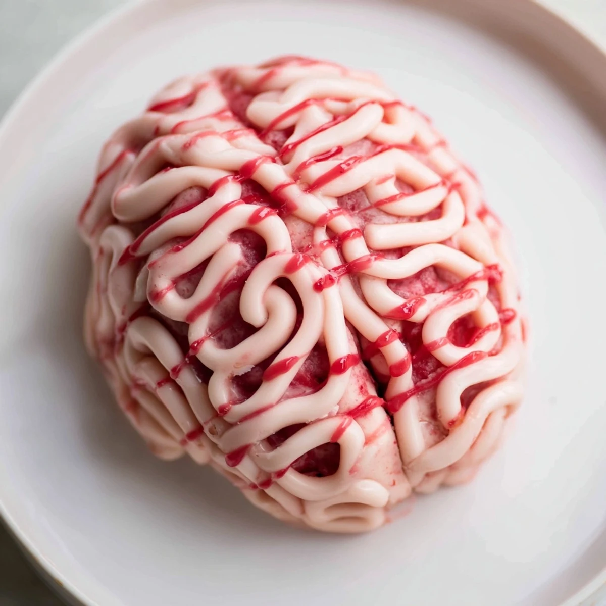 Festive no bake strawberry cheesecake brain topped with white chocolate squiggles and blood red berry sauce
