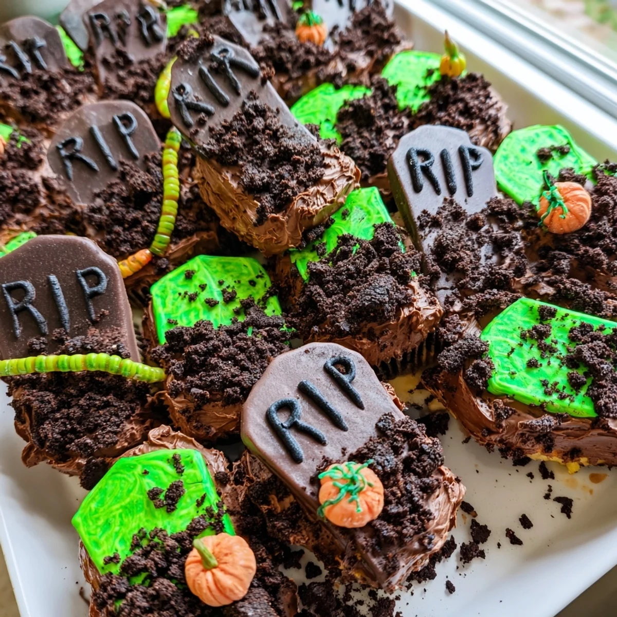Pull apart graveyard cupcakes topped with chocolate frosting and spooky tombstone decorations