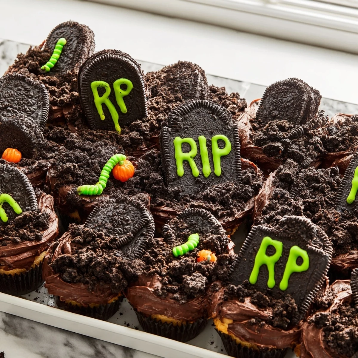 Crumbled cookie dirt covers frosted pull apart graveyard cupcakes arranged on a tray