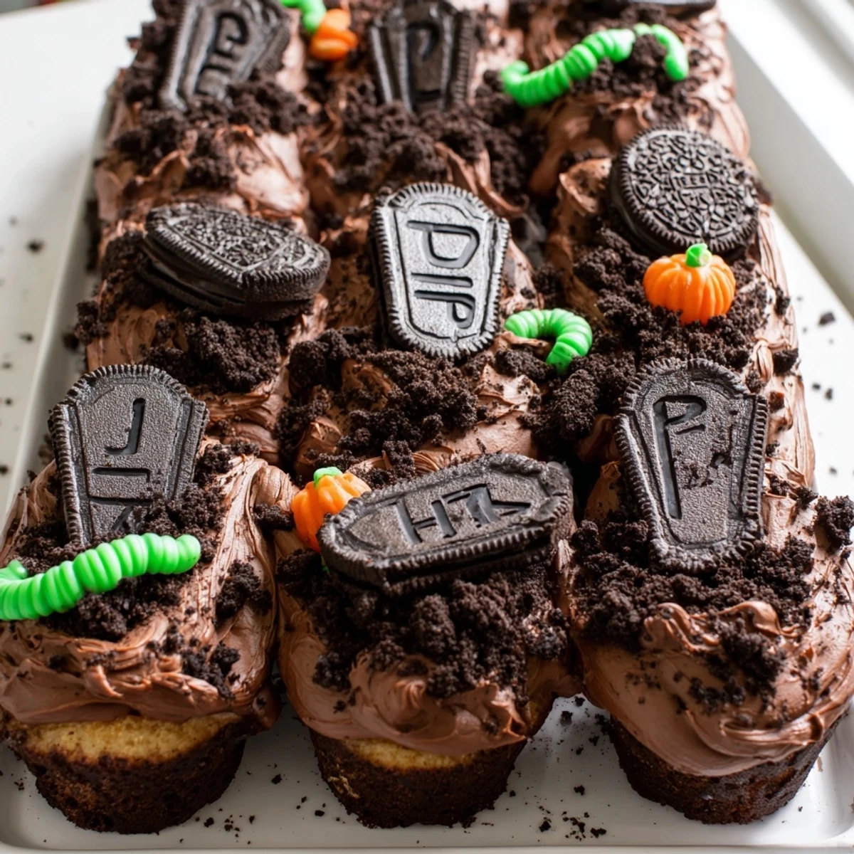 Festive pull apart graveyard cupcakes decorated with icing tombstones and gummy worms for Halloween