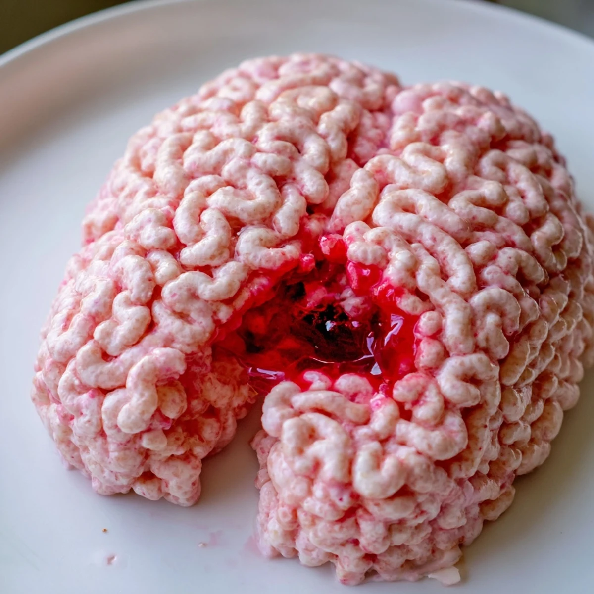 A pink crispy rice cereal brain oozing with bright red berry jam filling