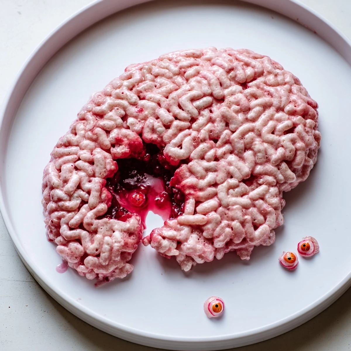 Spooky stuffed crispy rice cereal brain sliced open revealing gooey raspberry center