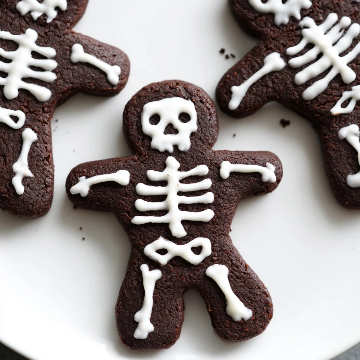 Crisp chocolate cinnamon skeleton cookies with white icing bones on a parchment-lined baking sheet