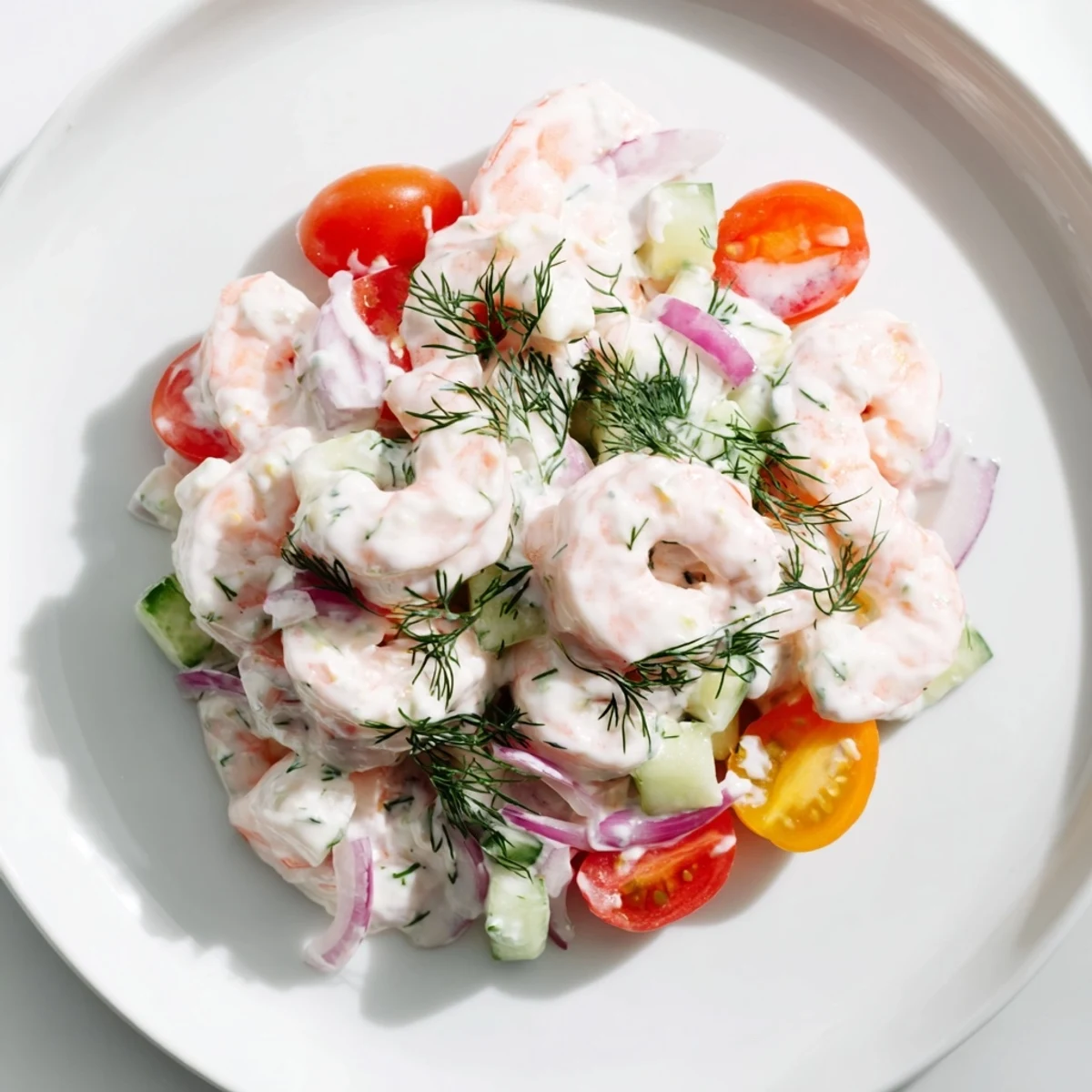 Creamy shrimp salad recipe in a bowl with diced cucumber and fresh dill.