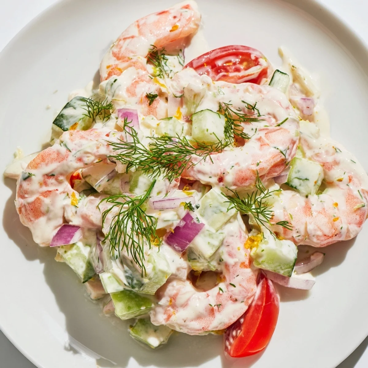 A refreshing shrimp salad recipe served over leafy greens with cherry tomatoes.