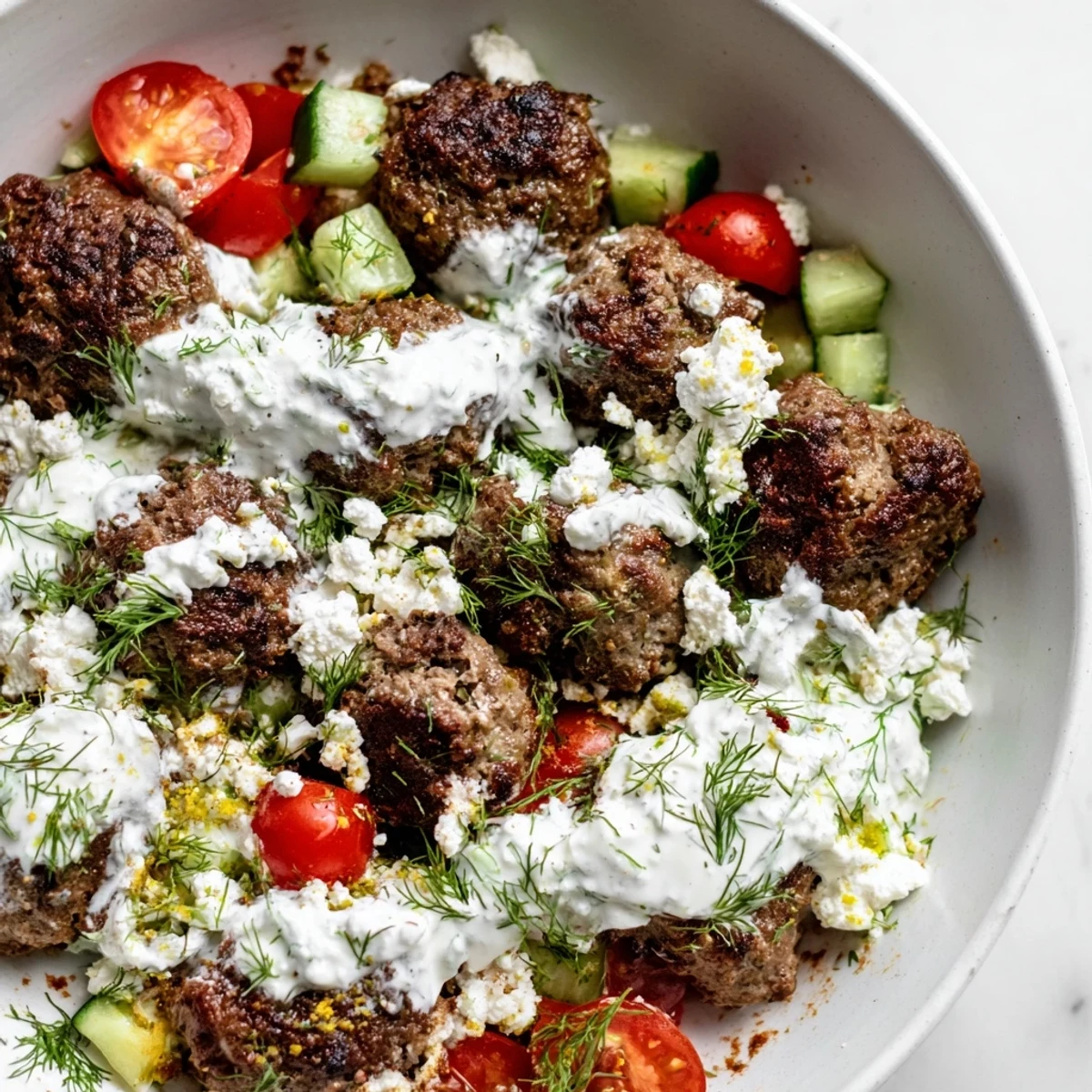 Juicy Greek meatball bowl topped with creamy tzatziki and crumbled feta cheese