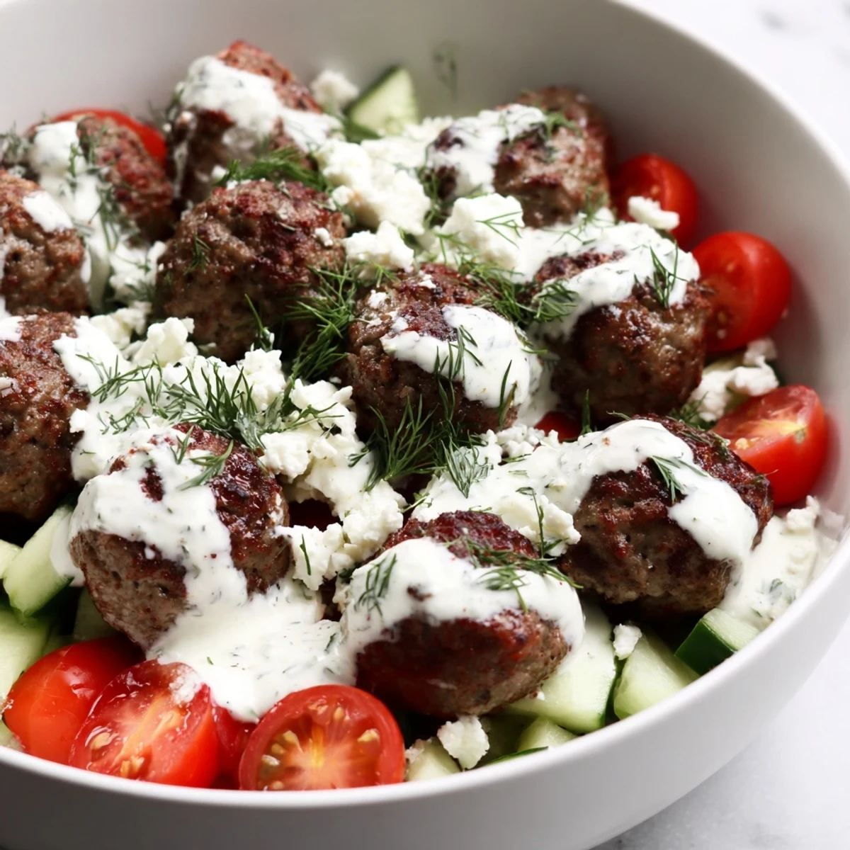 Golden brown Greek meatball bowl served over rice with cherry tomatoes and olives