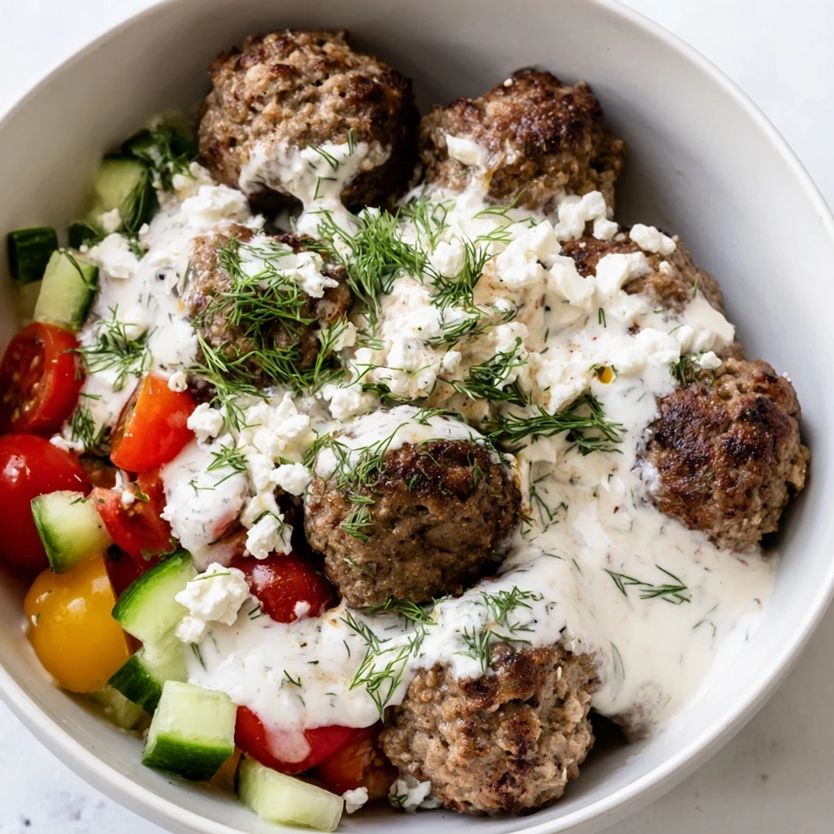 A vibrant Greek meatball bowl drizzled with tangy tzatziki alongside fresh lemon wedges
