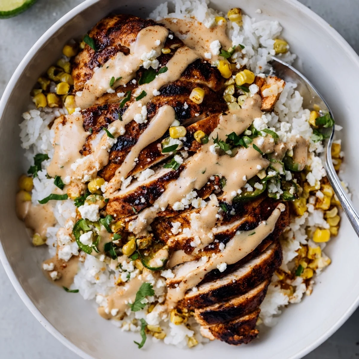 Charred corn and juicy chicken over rice drizzled with creamy lime sauce in a bowl