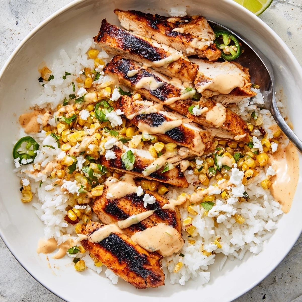 Street corn chicken rice bowl topped with sliced grilled chicken and crumbled cotija cheese
