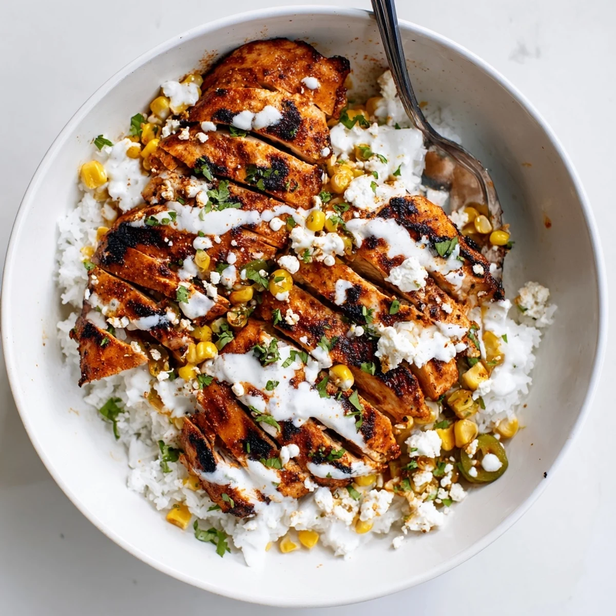 Mexican-inspired street corn chicken rice bowl garnished with fresh cilantro and lime wedges