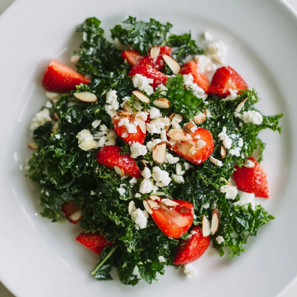 Fresh summer kale salad tossed with juicy strawberries, avocado, and a glossy lemon-honey dressing.