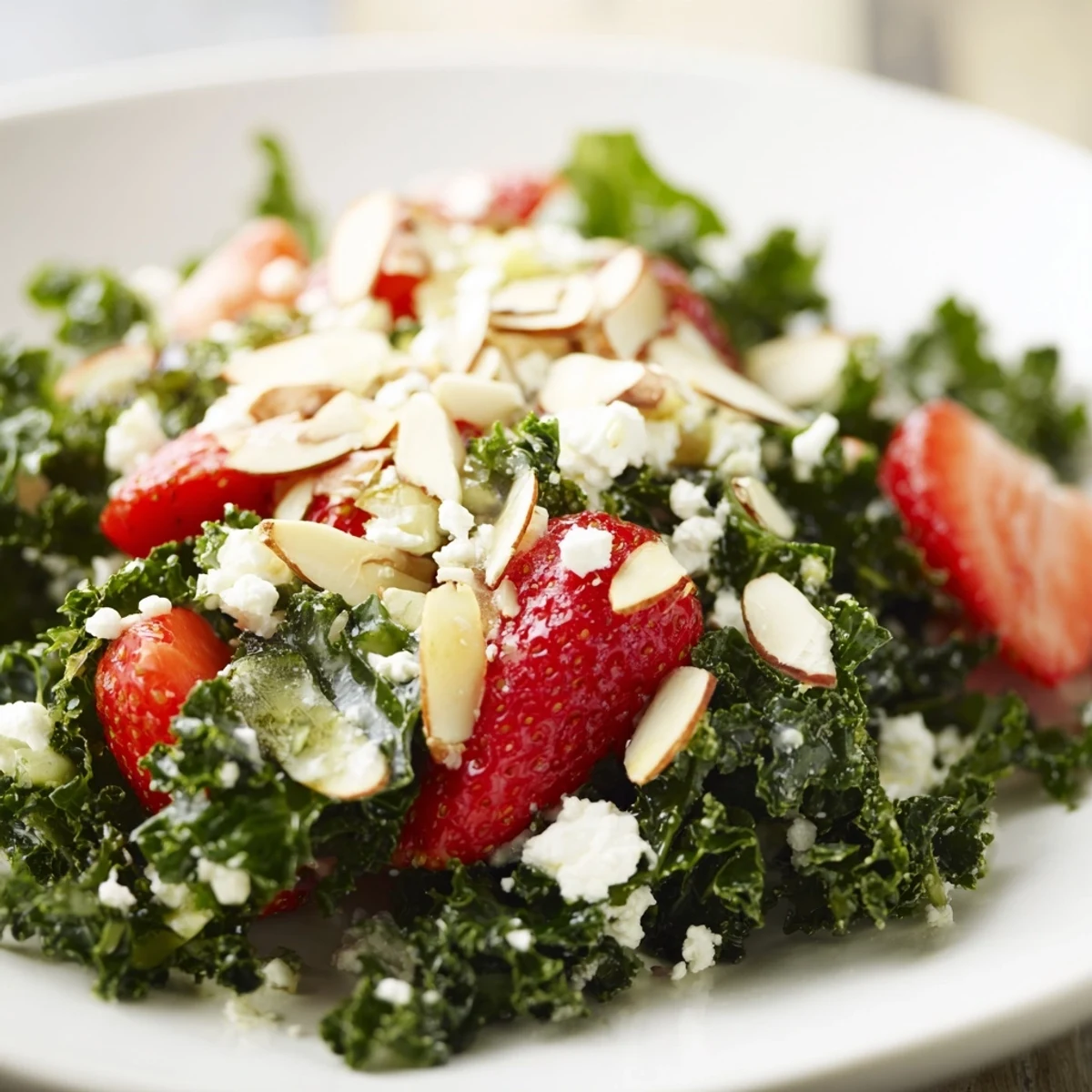 Colorful summer kale salad topped with feta, berries, and toasted almonds in a wide bowl.