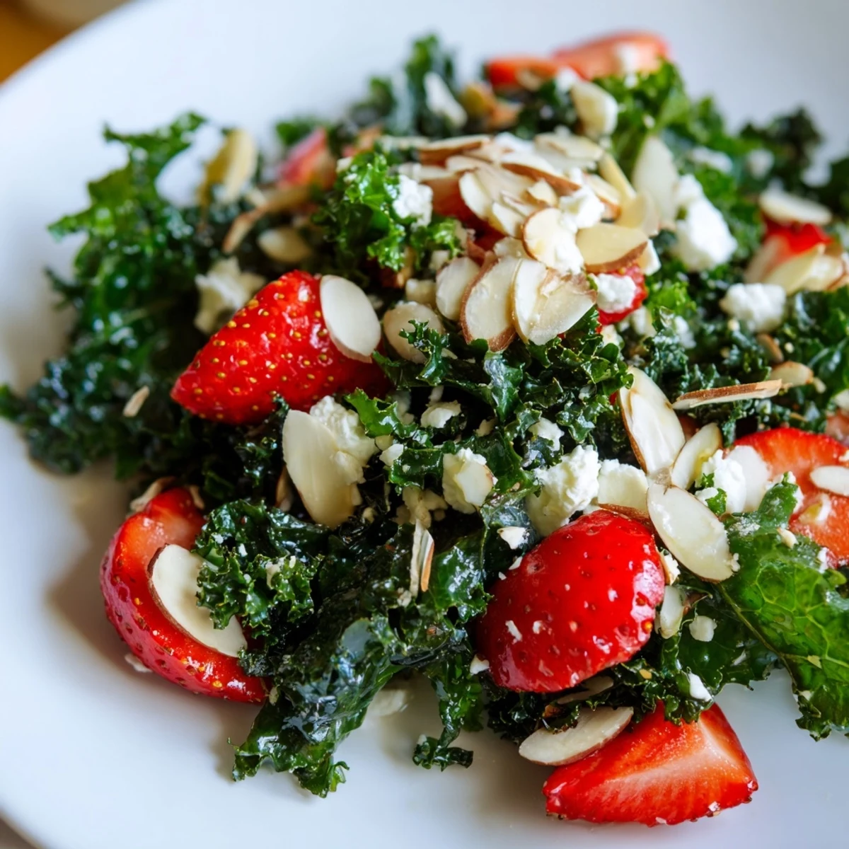 Hearty summer kale salad with cherry tomatoes, blueberries, and crunchy almonds on a white plate.