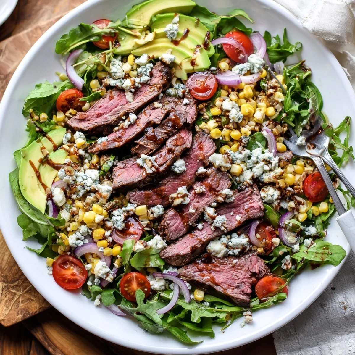 Sliced balsamic steak and crumbled Gorgonzola atop crisp greens with charred grilled corn
