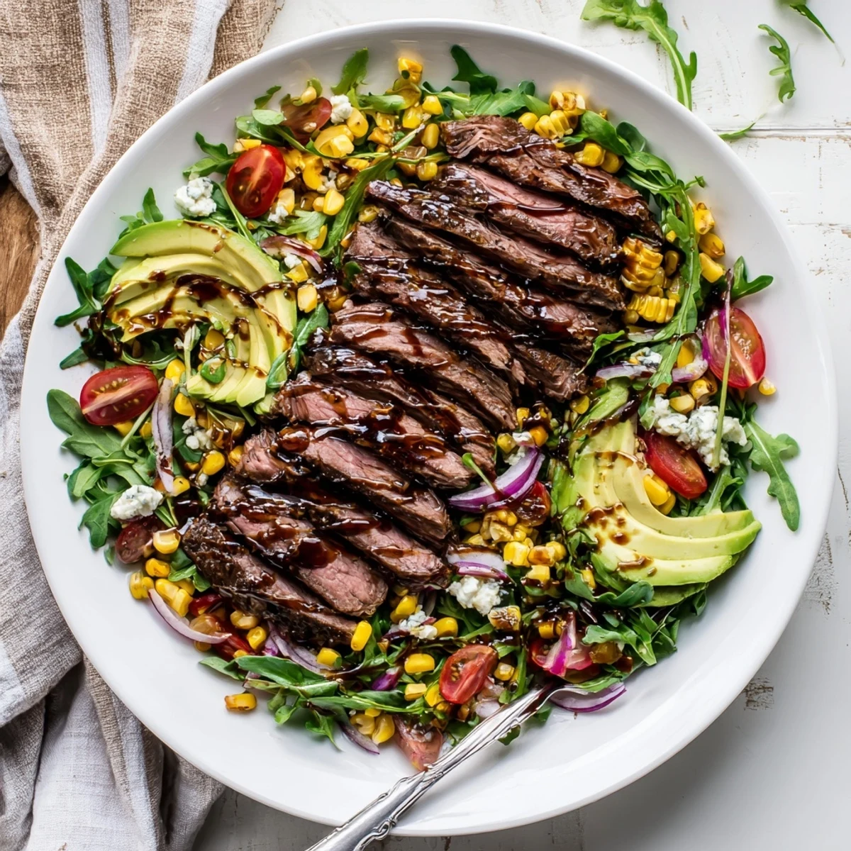 Juicy marinated flank steak arranged over a vibrant salad with creamy Gorgonzola and avocado