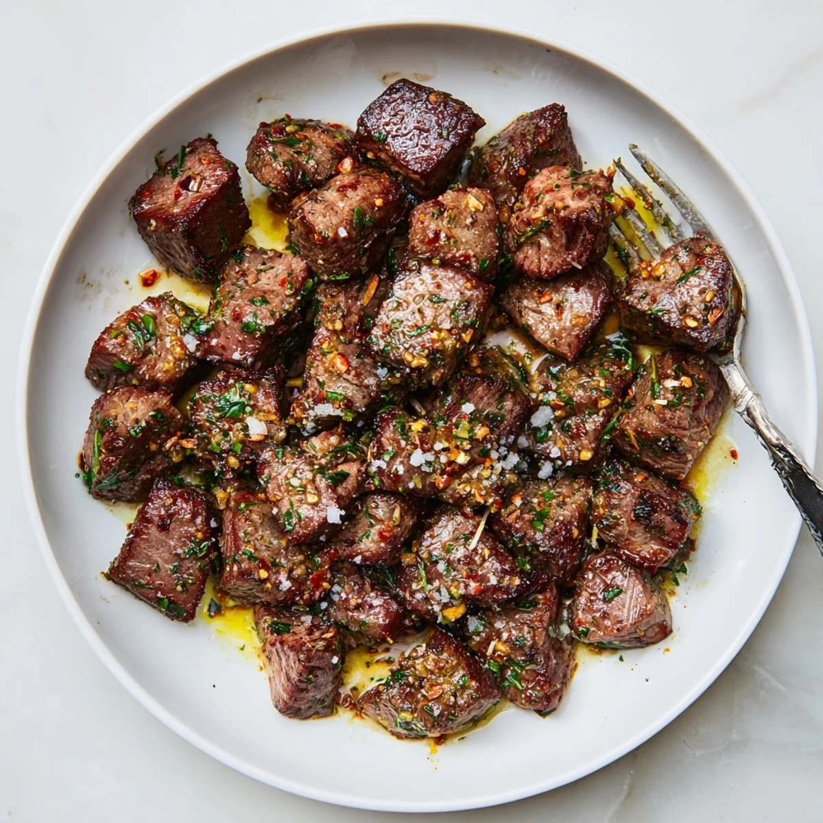 Cowboy Butter Steak Bites glistening with herb butter, seared edges and steam