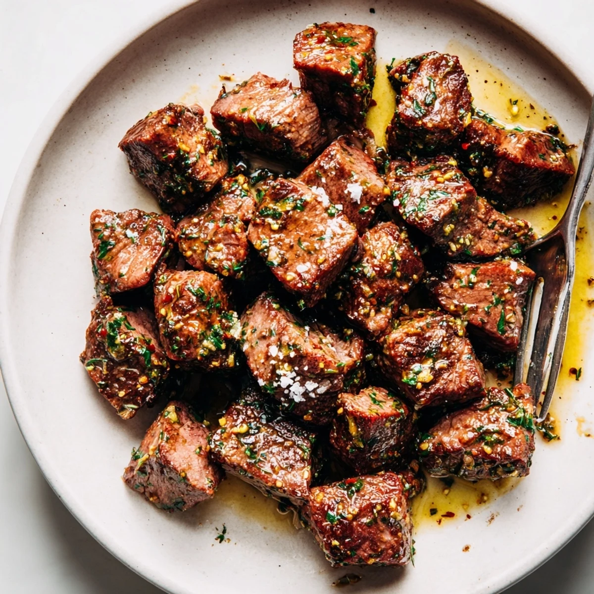 Family style Cowboy Butter Steak Bites served over roasted potatoes, aromatic and spicy