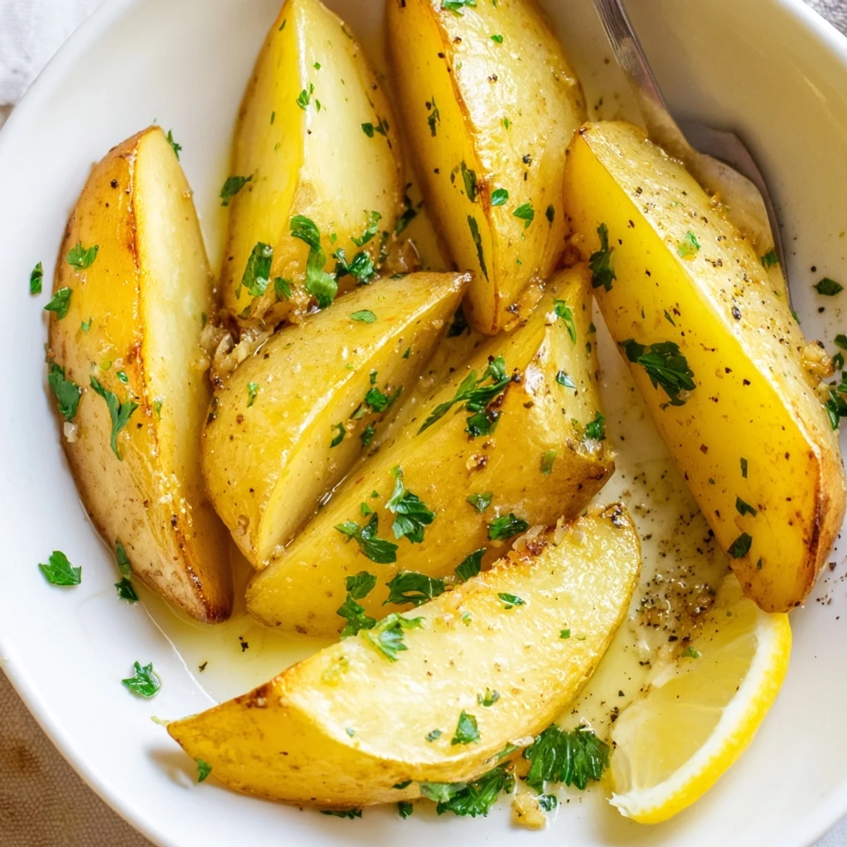 Authentic Greek Lemon Potatoes Recipe with golden crispy wedges glistening in olive oil