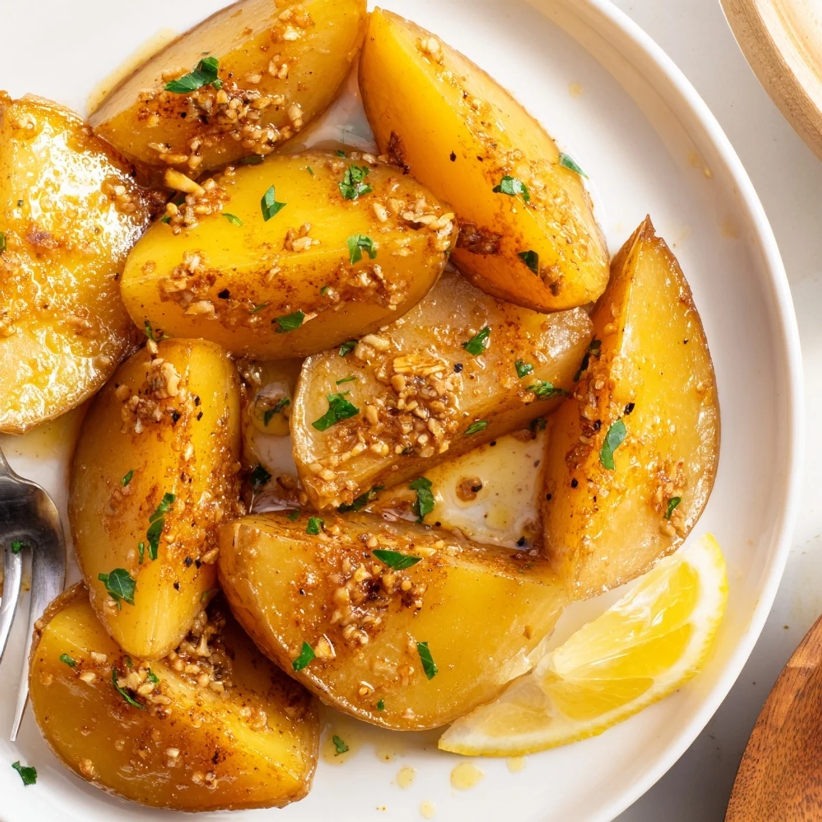 Close up Authentic Greek Lemon Potatoes Recipe revealing tender centers and crisped edges