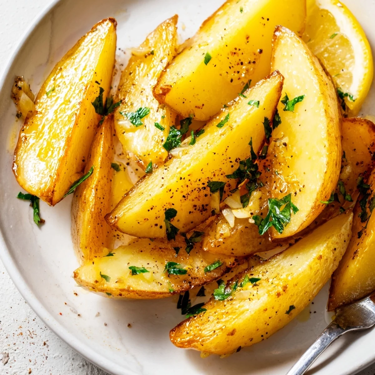 Oven-browned Authentic Greek Lemon Potatoes Recipe served hot with parsley and lemon wedges