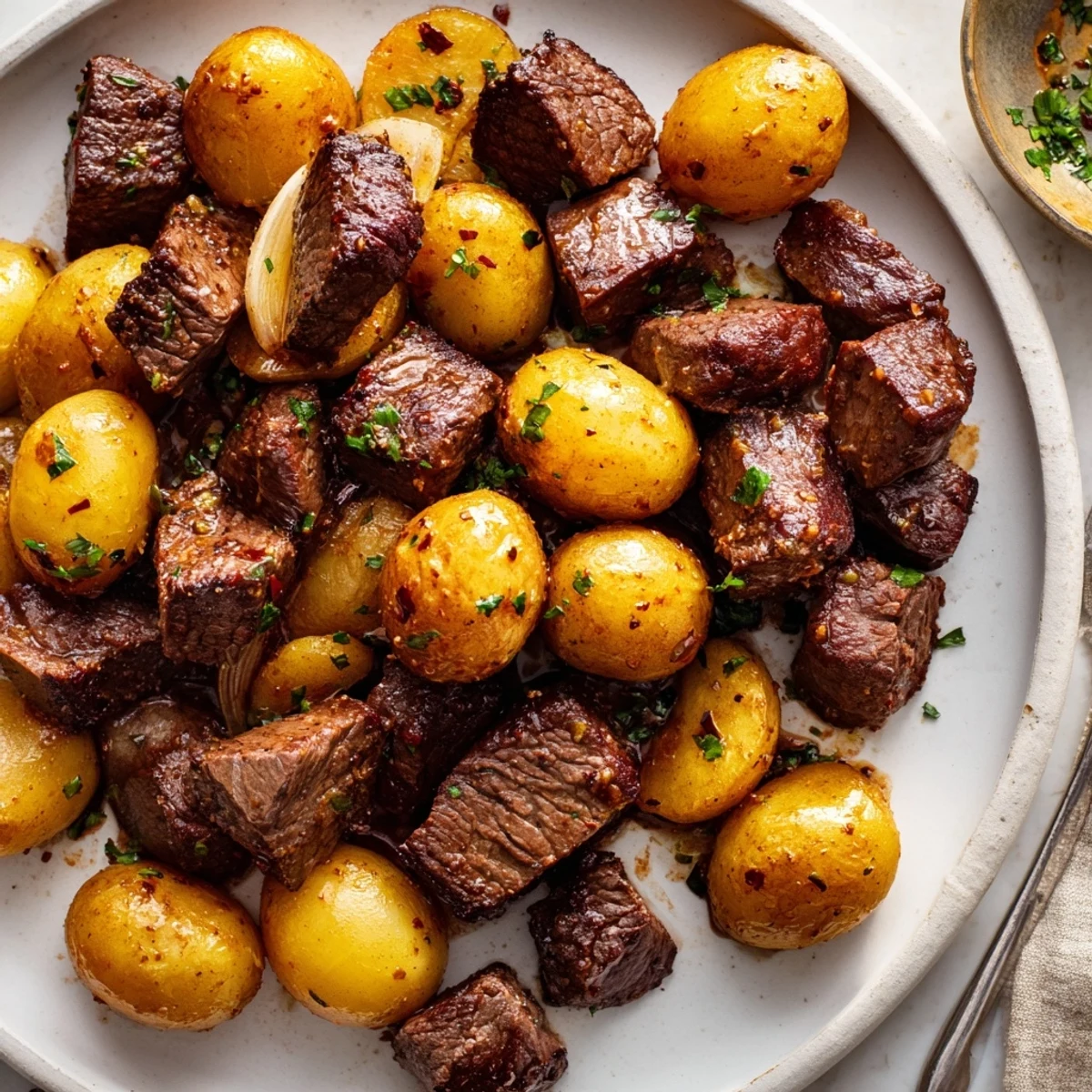 Garlic Steak Bites and Potatoes Recipe shown sizzling in buttered skillet, golden