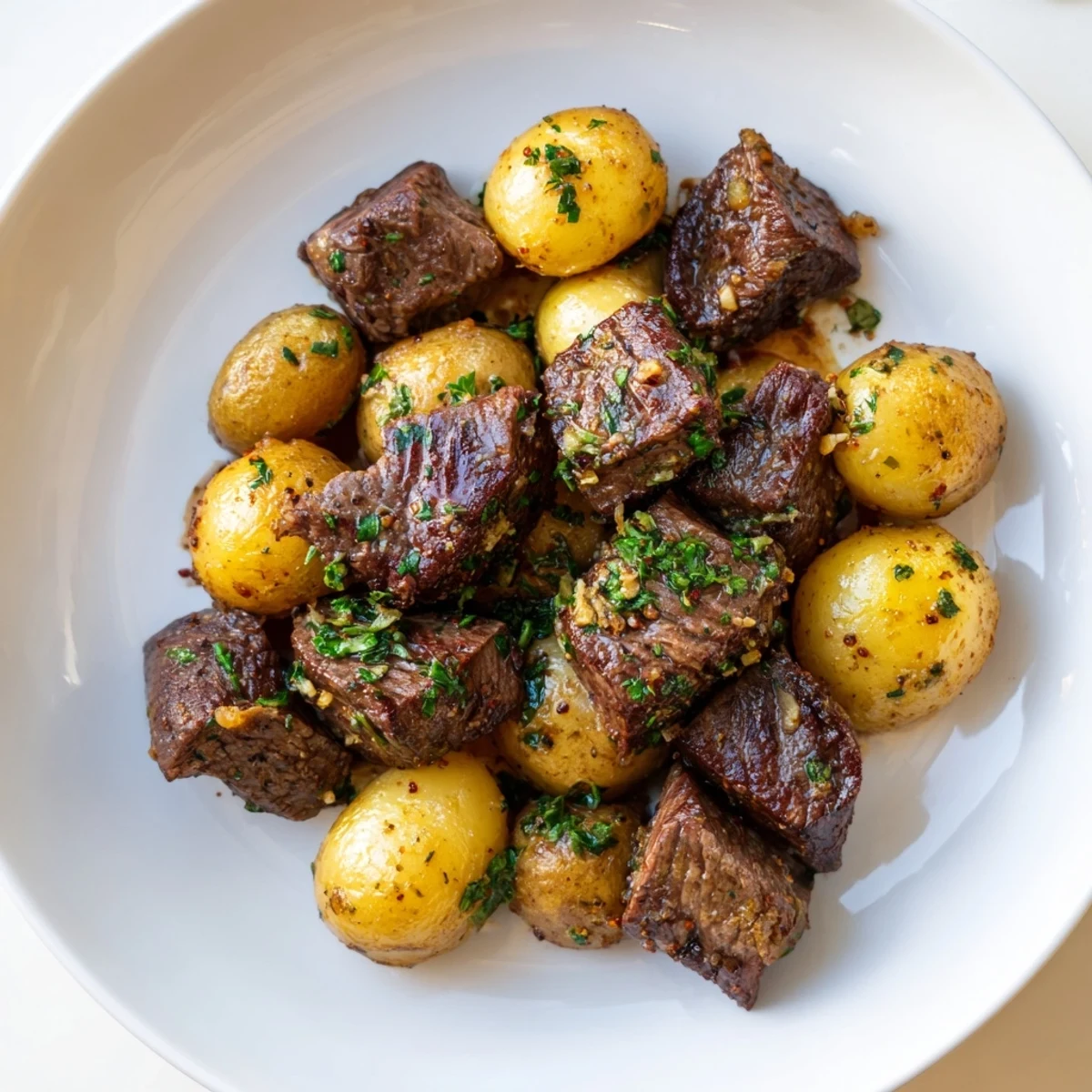 Skillet ready Garlic Steak Bites and Potatoes Recipe tossed with fragrant parsley