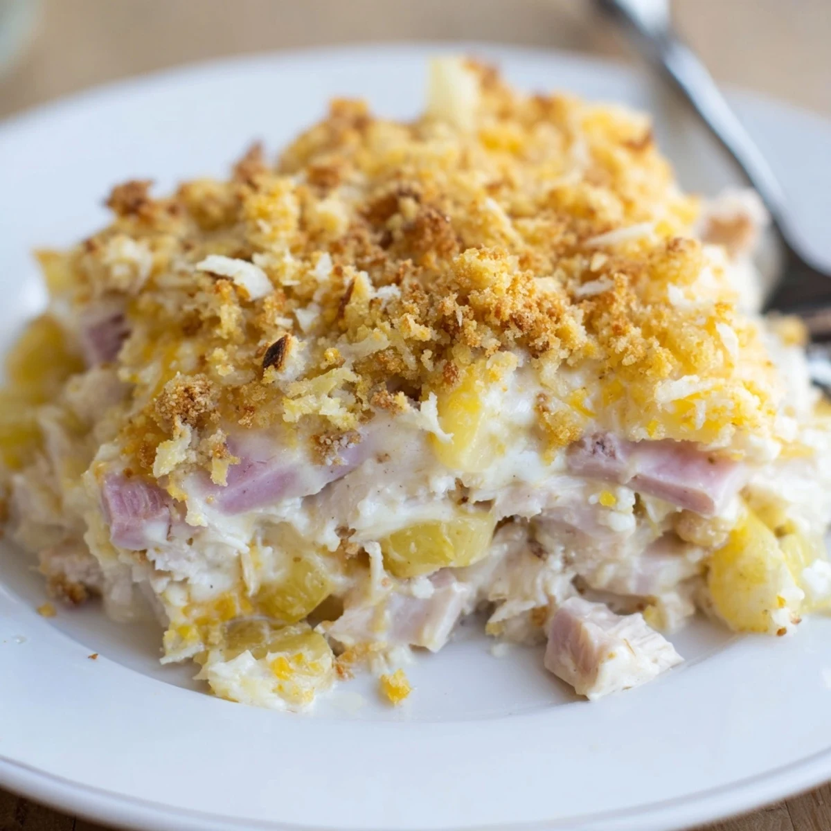 Serve warm: creamy Chicken Cordon Bleu Casserole paired with crisp green salad.