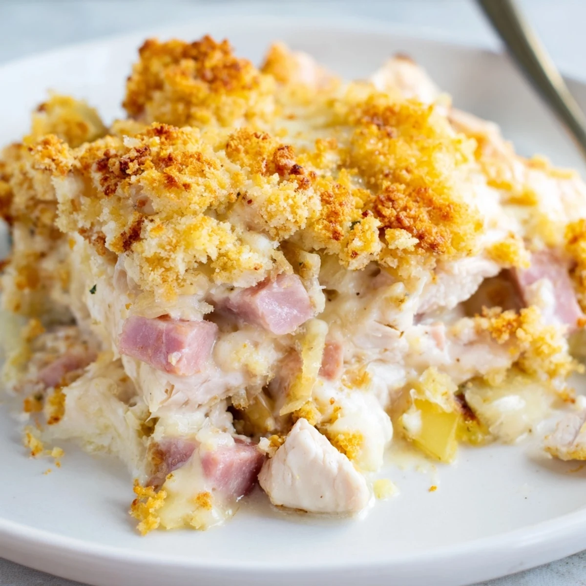 Golden oven-browned Chicken Cordon Bleu Casserole with melty Swiss and crispy breadcrumb topping.