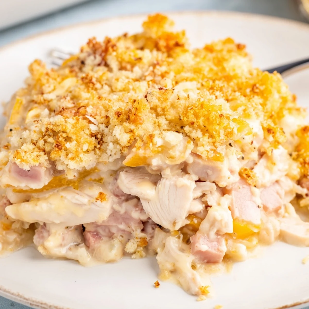 Steaming Chicken Cordon Bleu Casserole sliced to reveal tender chicken and savory ham.