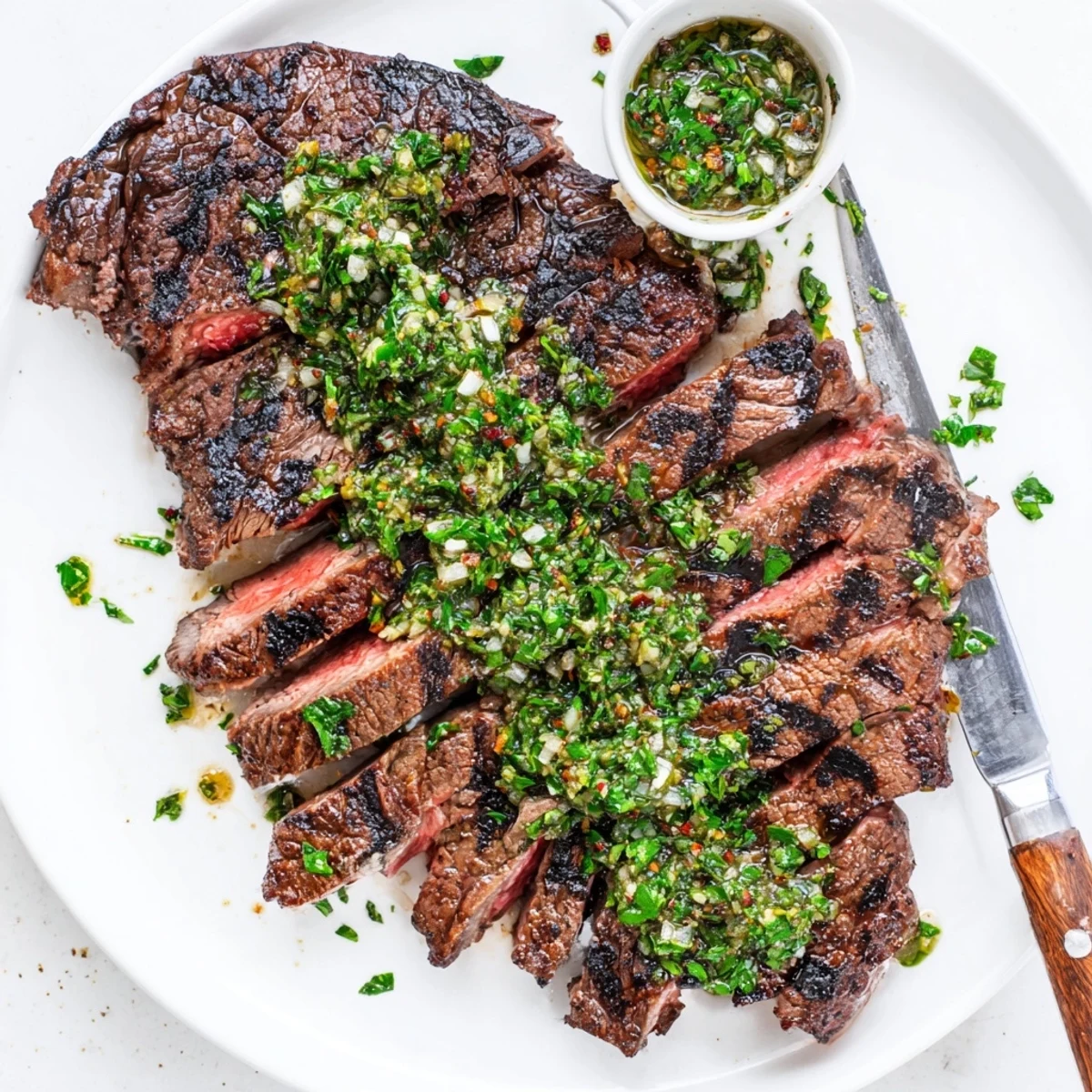 Grilled Chimichurri Steak Recipe showing juicy slices topped with vibrant herb sauce